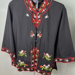 Vintage Size 2x The Emporium Embroidered Black Floral Women's Top Asian Inspired